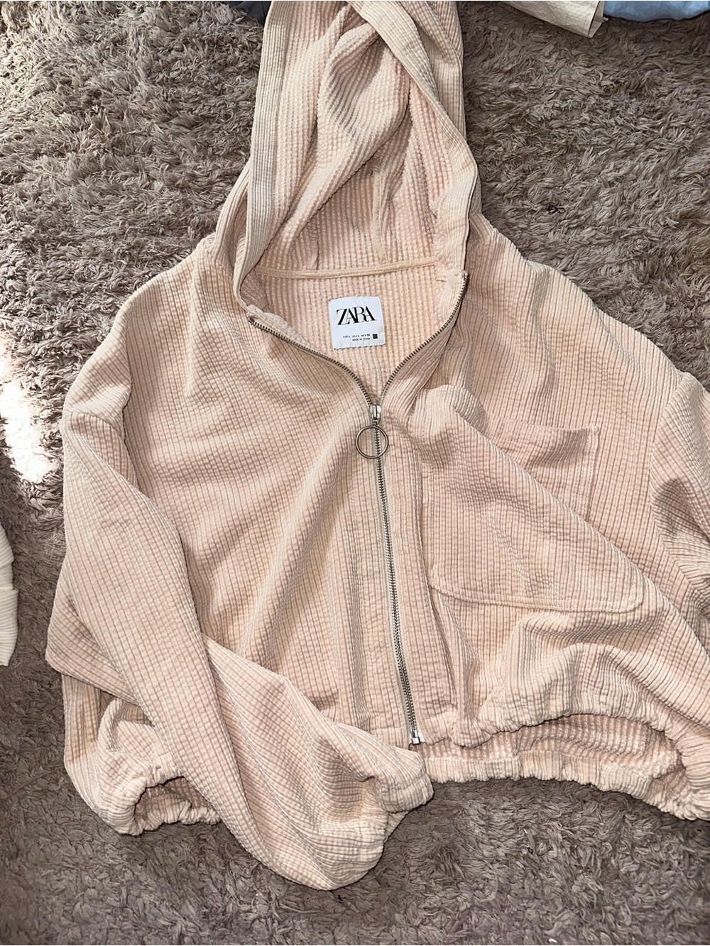 ZARA Cream Waffle-Knit Hooded Bomber Jacket